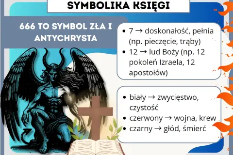 Symbolika Apokalipsy św. Jana: 666 to symbol zła, a obok diabeł, krzyż i księga.