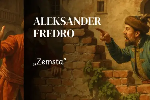 Dwóch mężczyzn w strojach z epoki kłóci się na tle ceglanego muru. Jeden wskazuje palcem, drugi gestykuluje. Tytuł "Zemsta" Aleksandra Fredry.