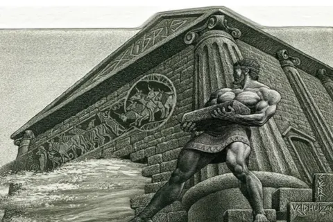 Herkules przenosi kamień przed monumentalną budowlą, która przypomina stajnię Augiasza.