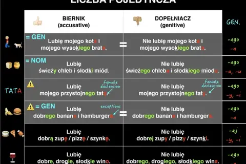 Tabela porównuje przypadki biernik i dopełniacz, pokazując użycie wyrażeń przyimkowych w liczbie pojedynczej.