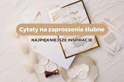 Najpiękniejsze krótkie cytaty ślubne na zaproszenia. Eleganckie złote zdobienia i pieczęcie z motywem serca.