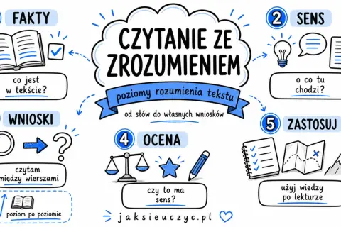 Grafika przedstawia 5 poziomów czytania ze zrozumieniem: fakty, sens, wnioski, ocena, zastosuj. Tytuł "Czytanie ze zrozumieniem" podkreśla, jakie znaczenie ma tytuł dla odczytania sensu utworu.