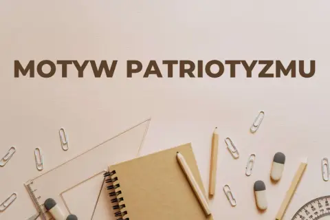Motyw patriotyzmu na tle przyborów szkolnych: zeszyt, ołówki, linijka, cyrkiel, spinacze.