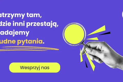 Dłoń z lupą szuka odpowiedzi, odkrywając nową wartość. "Patrzymy tam, gdzie inni przestają, i zadajemy trudne pytania.