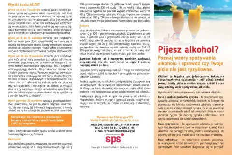 Dwa drinki z parasolkami i owocami. Tekst informuje o wzorach spożywania alkoholu i ryzyku, wspominając o tynidazolu.