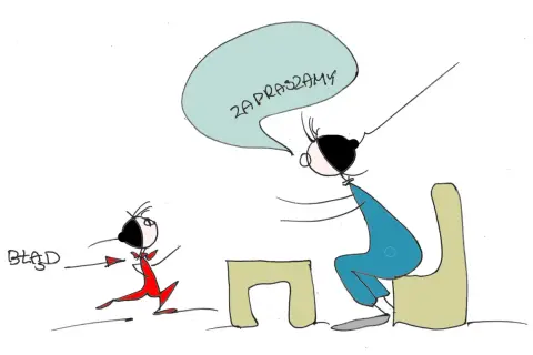 Dziecko w czerwonym stroju biegnie, a z chmurki nad siedzącą postacią w niebieskim ubraniu dobiega "ZAPRASZAMY". Nie wiele trzeba, by zaprosić do zabawy.