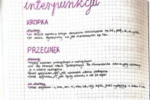 Notatki o interpunkcji: KROPKA po skrótach, PRZECINEK między zdaniami. Zastanów się, czy stawiasz przecinek, czy go pomijasz, by nie zgubić sensu.