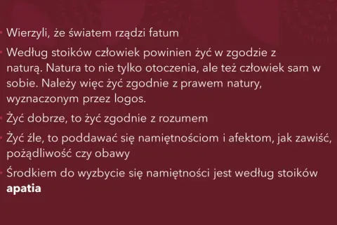Stoicyzm kontra epikureizm: według stoików żyj w zgodzie z naturą i rozumem, unikając namiętności, co prowadzi do apatii.