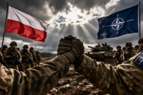Żołnierze ściskają sobie dłonie pod flagami Polski i NATO. To symbol jedności i siły sojuszu, który pokazuje, co to jest NATO.