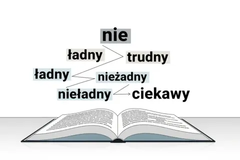 Diagram pokazuje, jak słowo "nie" może być pisane razem lub osobno z innymi słowami, tworząc nowe znaczenia.