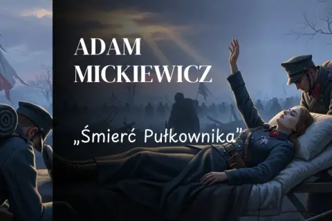 Ilustracja do "Śmierć pułkownika" Adama Mickiewicza. Żołnierze w mundurach, umierająca kobieta na łożu, polska flaga.