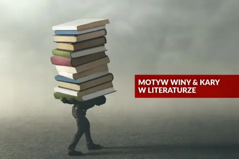 Postać dźwiga stos książek, symbolizując ciężar zbrodni i kary w literaturze.