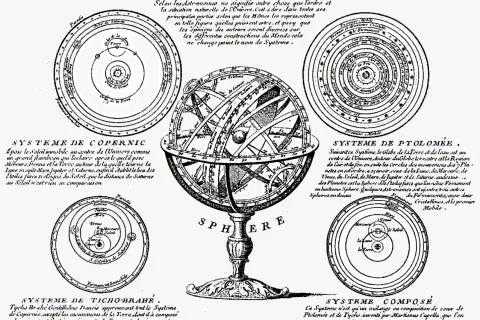 Ilustracja porównuje modele kosmosu: Kopernika, Ptolemeusza, Tychona Brahe i system złożony, ukazując ewolucję teorii geocentrycznej.