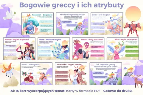 Bogowie greccy i ich atrybuty: Zeus z piorunem, Posejdon z trójzębem, Atena z sową, Hera z pawiem, Hades z hełmem, Nike ze skrzydłami.