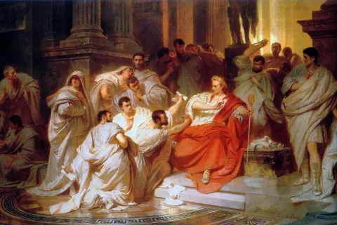 Senat Rzymu w białych togach, z Cezarem w czerwonej szacie, symbolizującym potęgę SPQR.