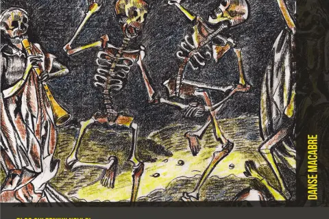 Szkielety tańczą w rytm muzyki granej przez jednego z nich. Obraz przedstawia taniec śmierci, danse macabre, w mrocznej, stylizowanej oprawie.
