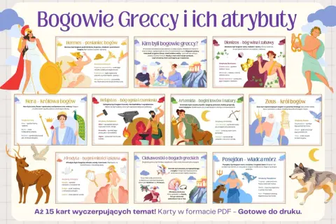 Bogowie greccy i ich atrybuty: Hera, Hefajstos, Artemida, Zeus, Hermes, Dionizos, Afrodyta, Posejdon.
