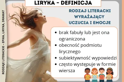 Liryka to rodzaj literacki wyrażający uczucia i emocje, często w formie wiersza. Obraz przedstawia tańczącą kobietę i dzieci z emotikonami.