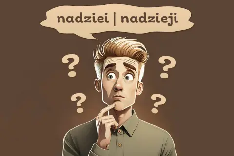 Zamyślony mężczyzna otoczony znakami zapytania, zastanawia się nad słowami "nadziei | nadzieji".
