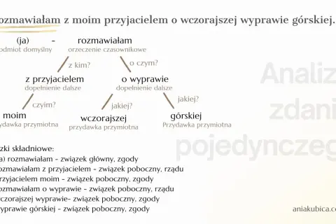 Analiza zdania pojedynczego: "Rozmawiałam z moim przyjacielem o wczorajszej wyprawie górskiej.