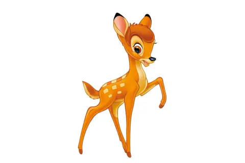 Uroczy Bambi, bohater kultowej bajki, wesoło podskakuje.