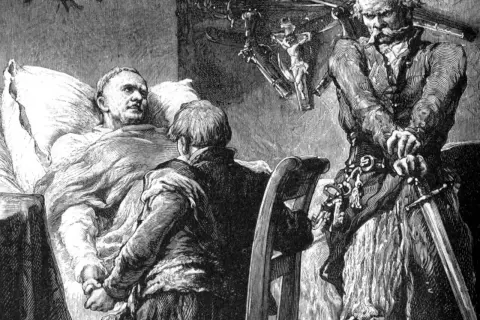 Jacek Soplica zabił Stolnika. Scena z umierającym Stolnikiem, klęczącym młodzieńcem i stojącym z mieczem.