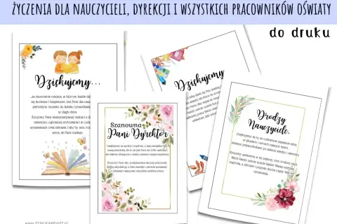 Zestaw kartek z życzeniami i podziękowaniami dla nauczycieli i dyrekcji. Piękne grafiki kwiatowe i dziecięce.