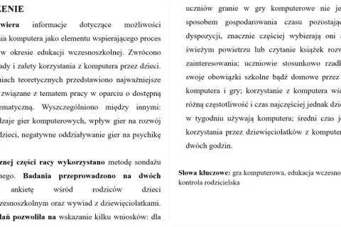 Streszczenie lektury o wpływie gier komputerowych na dzieci w wieku wczesnoszkolnym. Badania ankietowe i wywiady z rodzicami i dziećmi.
