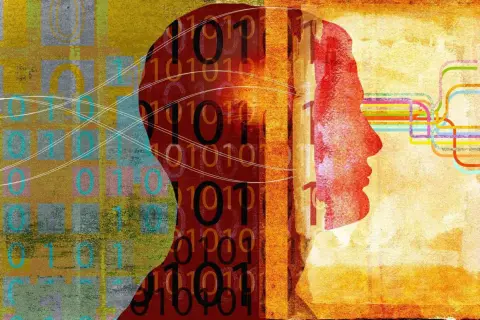 Sylwetka głowy z kodem binarnym w środku, symbolizująca ludzki umysł i jego związek z technologią. To obraz o silnym wydźwięku humanizmu.