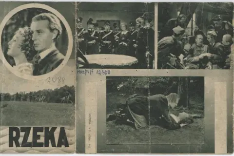 Kolaż scen z filmu "Wierna rzeka": para w okręgu, żołnierze, scena w lesie, kobieta z mężczyzną na rękach.