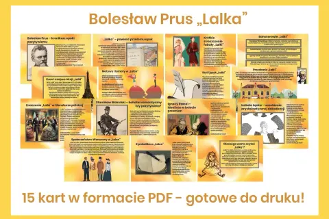 Grafika przedstawia streszczenie powieści "Lalka" Bolesława Prusa, z podziałem na kluczowe aspekty: bohaterów, motywy, styl, czas akcji i znaczenie.