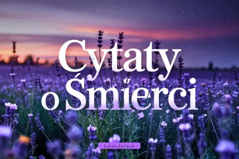 Pole lawendy pod rozgwieżdżonym niebem. Napis: Cytaty o śmierci.