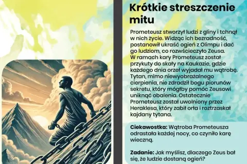Uwięziony Prometeusz, przykuty do skały, spogląda w niebo. Jego cierpienie jest wieczne, ale jego duch niezłomny.