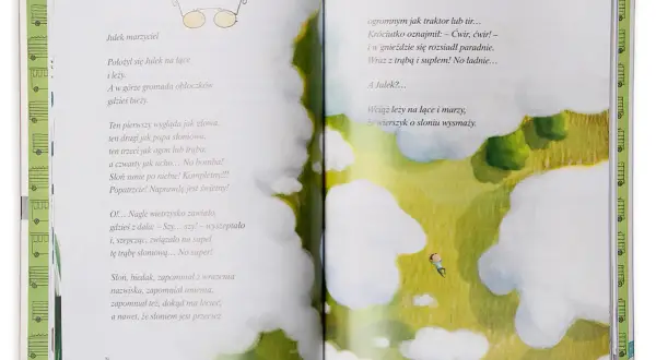Julek marzyciel, jak Julian Tuwim, leży na łące i marzy o wierszyku o słoniu. Obłoczki przypominają mu słonia z trąbą.