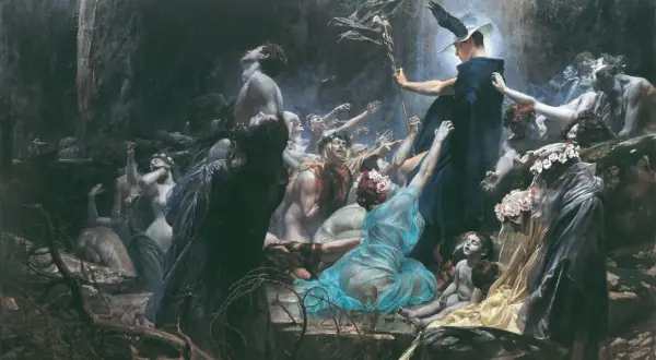 Hades bóg, władca świata podziemnego, w otoczeniu dusz pragnących wyzwolenia.