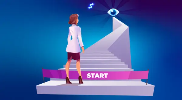 Kobieta w białej marynarce stoi przed schodami z napisem "START". Czy powinna zacząć wchodzić, czy wahać się?