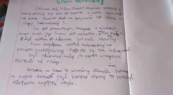 Zapisany ręcznie tekst o bohaterze książki "Chłopcy z Placu Broni" - Nemeczku.