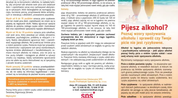 Dwa drinki z parasolkami i owocami. Tekst informuje o wzorach spożywania alkoholu i ryzyku, wspominając o tynidazolu.