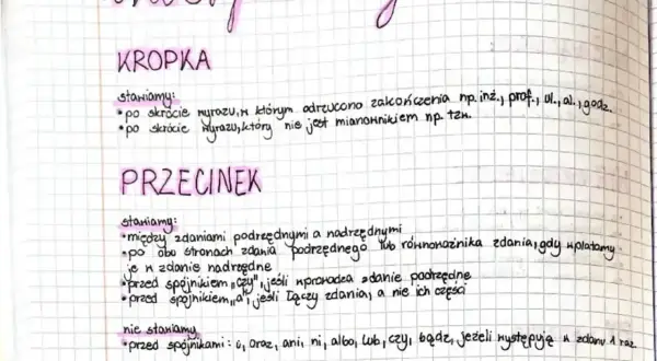 Notatki o interpunkcji: KROPKA po skrótach, PRZECINEK między zdaniami. Zastanów się, czy stawiasz przecinek, czy go pomijasz, by nie zgubić sensu.