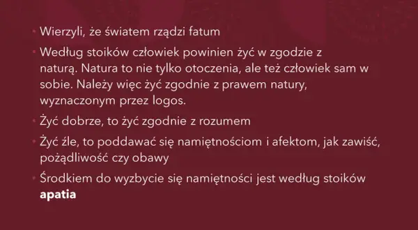 Stoicyzm kontra epikureizm: według stoików żyj w zgodzie z naturą i rozumem, unikając namiętności, co prowadzi do apatii.