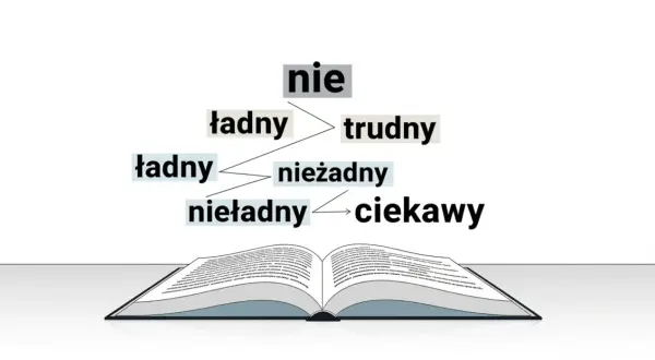 Diagram pokazuje, jak słowo "nie" może być pisane razem lub osobno z innymi słowami, tworząc nowe znaczenia.