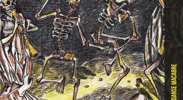 Szkielety tańczą w rytm muzyki granej przez jednego z nich. Obraz przedstawia taniec śmierci, danse macabre, w mrocznej, stylizowanej oprawie.