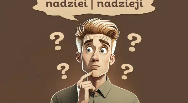 Zamyślony mężczyzna otoczony znakami zapytania, zastanawia się nad słowami "nadziei | nadzieji".