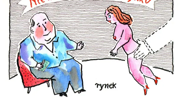 Satyra: mężczyzna z pieniędzmi siedzi, a kobieta w bieliźnie ucieka przed "niewidzialną ręką rynku".