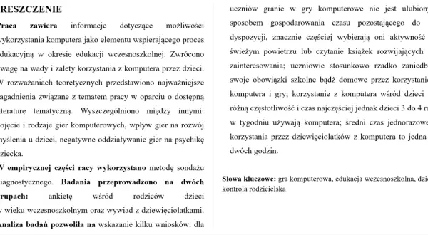 Streszczenie lektury o wpływie gier komputerowych na dzieci w wieku wczesnoszkolnym. Badania ankietowe i wywiady z rodzicami i dziećmi.