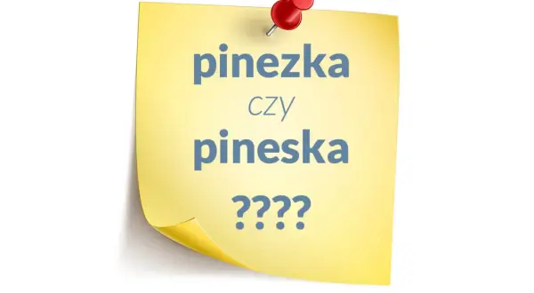 Żółta kartka z napisem "pinezka czy pineska ????", przyczepiona czerwoną pinezką.