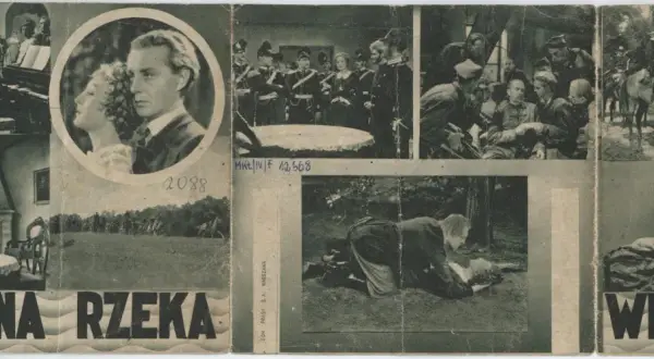 Kolaż scen z filmu "Wierna rzeka": para w okręgu, żołnierze, scena w lesie, kobieta z mężczyzną na rękach.