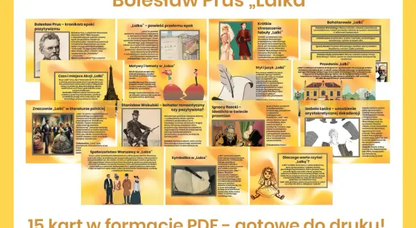 Grafika przedstawia streszczenie powieści "Lalka" Bolesława Prusa, z podziałem na kluczowe aspekty: bohaterów, motywy, styl, czas akcji i znaczenie.
