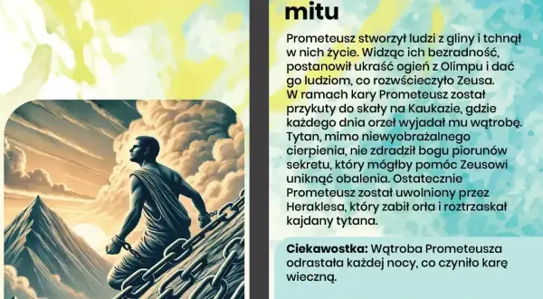 Uwięziony Prometeusz, przykuty do skały, spogląda w niebo. Jego cierpienie jest wieczne, ale jego duch niezłomny.