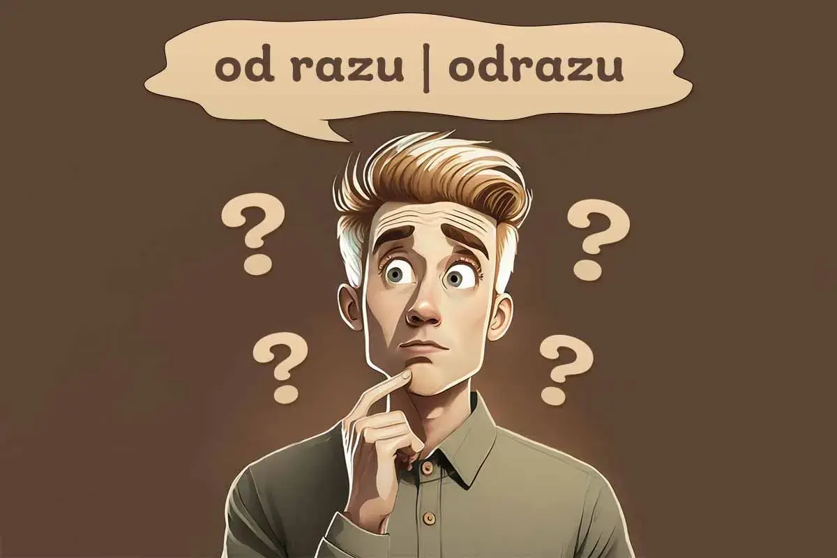 Zastanawia się, czy napisać "od razu" czy "odrazu". Wokół niego unoszą się znaki zapytania.